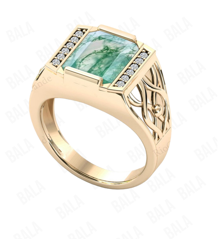 Handmade 925 Sterling Silver Moss Agate Ring, Rectangular Gothic Statement Ring
