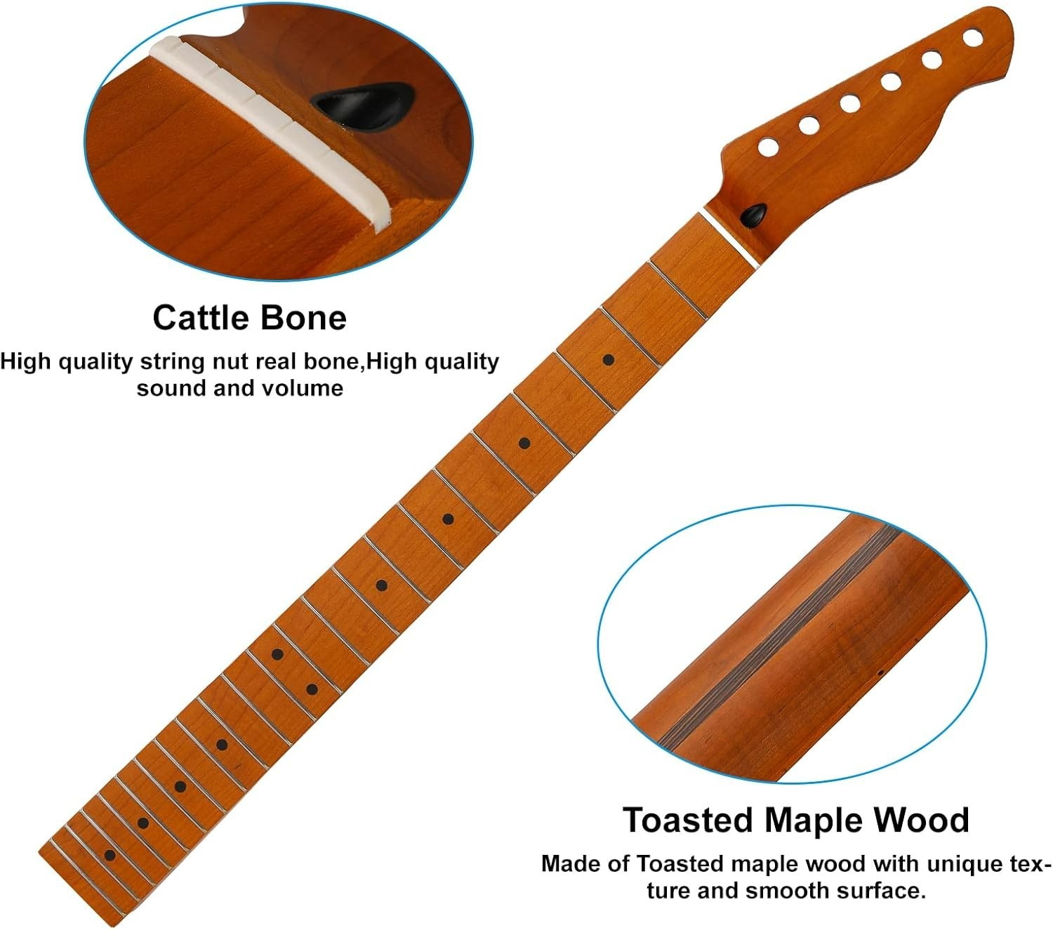 22 Frets Canadian Roasted Maple T-Style Electric Guitar Neck Bone Nut Satin 9.5"