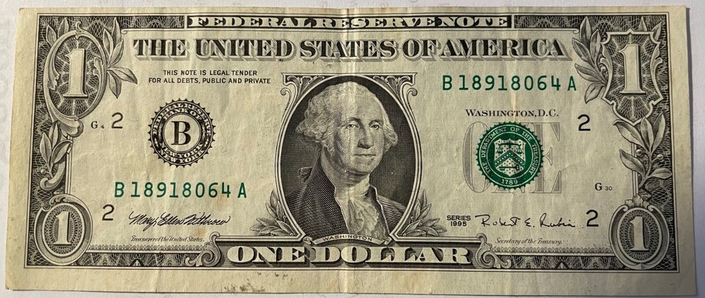 1995 $1 FRN NOTE B Series MAJOR INK SMEAR ERROR CUTTING ERROR
