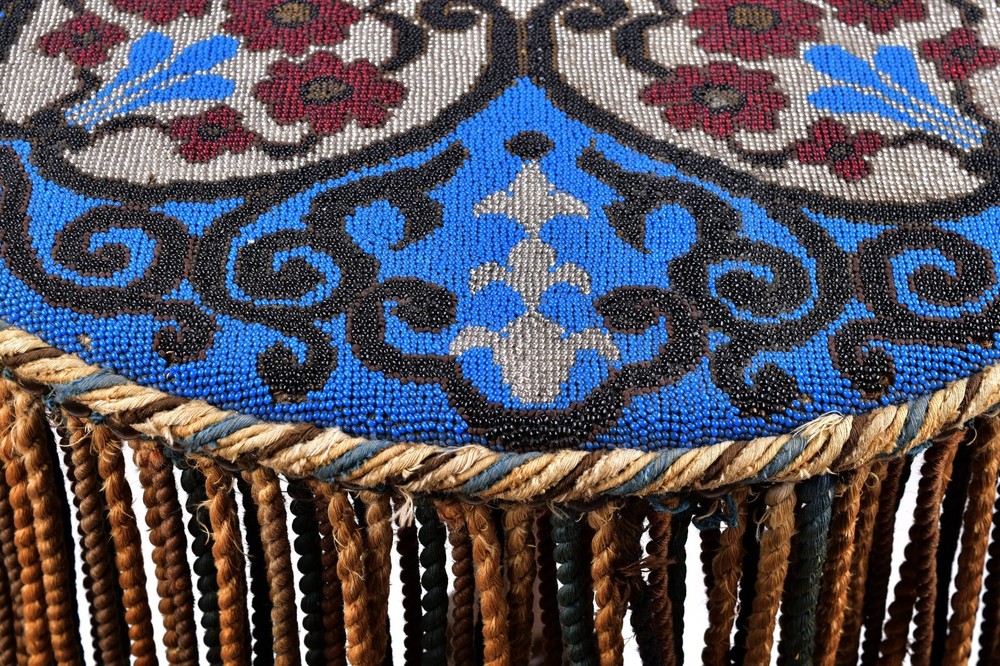 Antique Walnut Side Table with Micro Beaded Top Hand Needlework