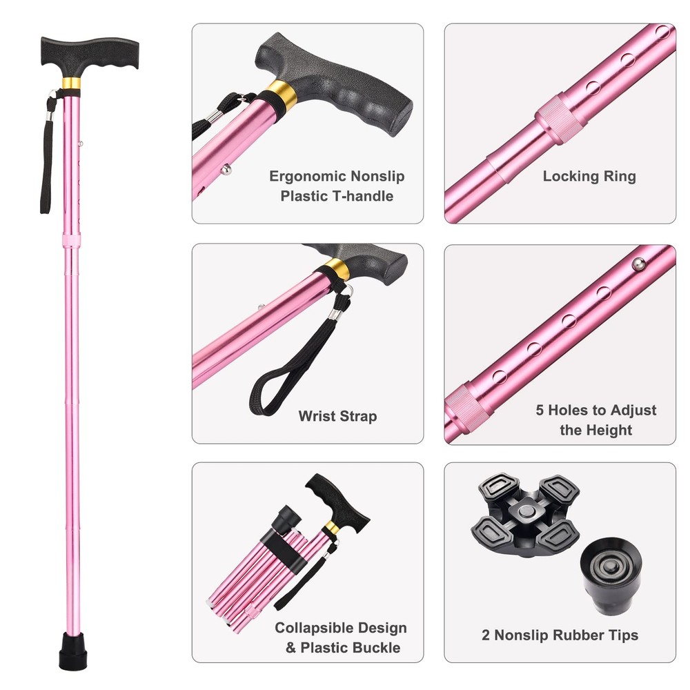 Foldable Walking Cane w/ 2 Replaceable Non Slip Rubber Tip Balancing Stick Aid