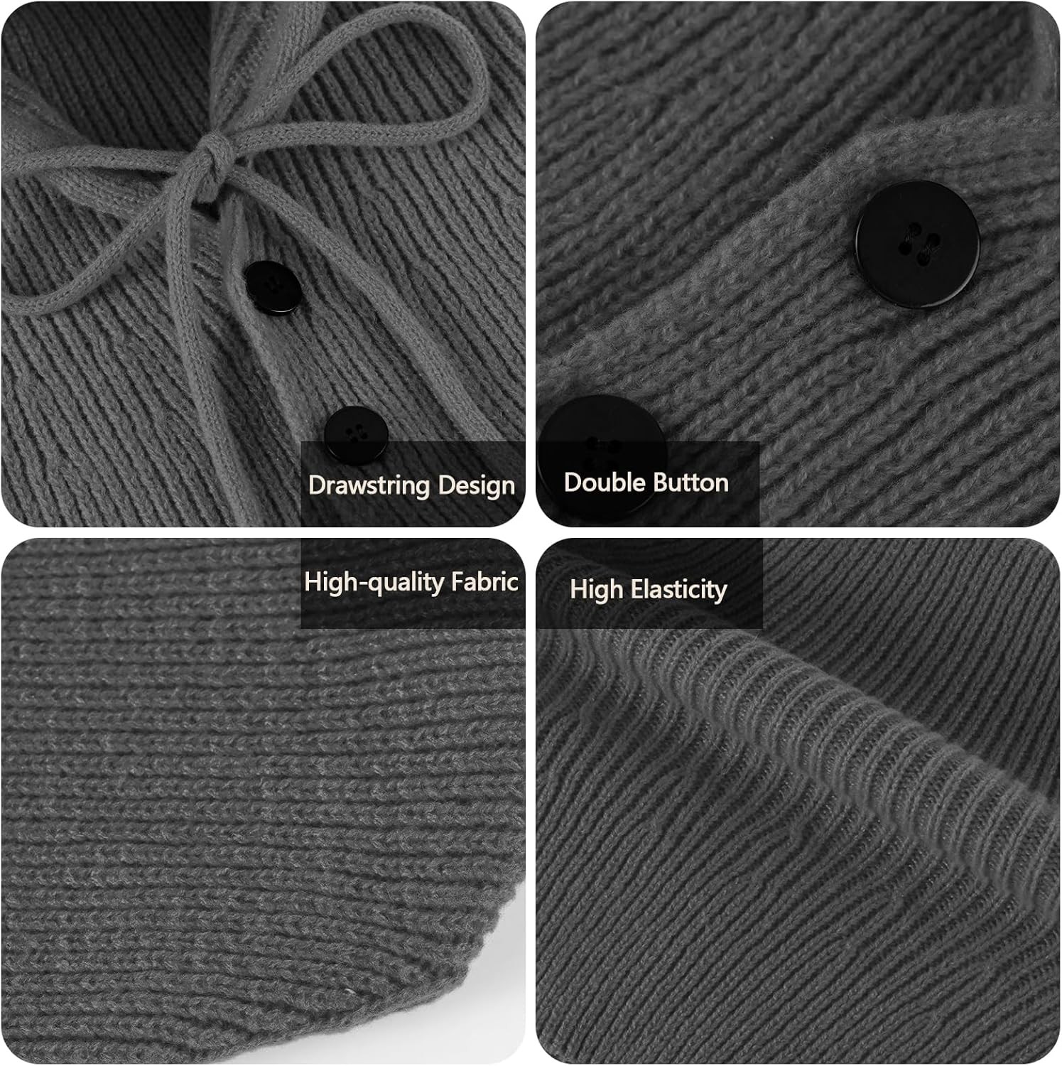 Balaclava Hat for Women, Warm Ear Neck Hooded Scarf with Drawstring, Grey