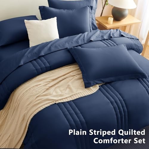 Size Comforter Sets - 7 Piece Bed in a Bag Comforter Set with Queen Navy Blue