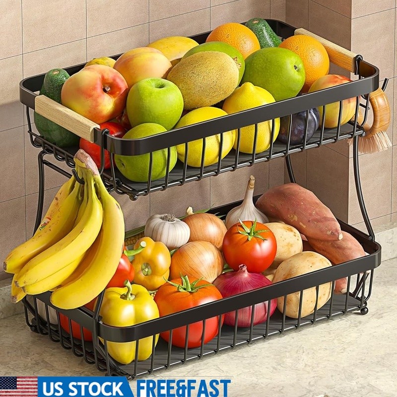 Stackable Fruit Basket W/ Banana Hooks Easy Assembly Durable Kitchen Storage New