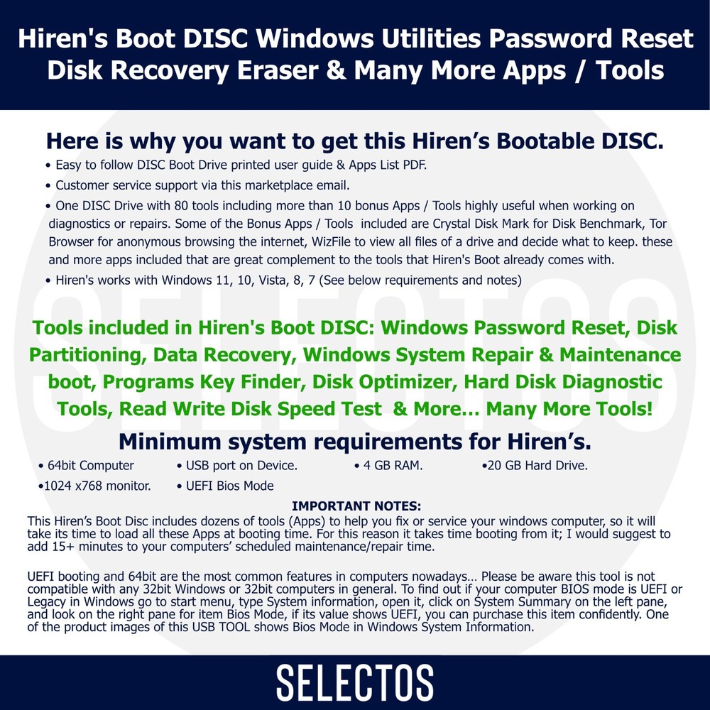 Hiren's Boot CD PC Utilities Disc Password Reset Disk Recovery &More +Apps List