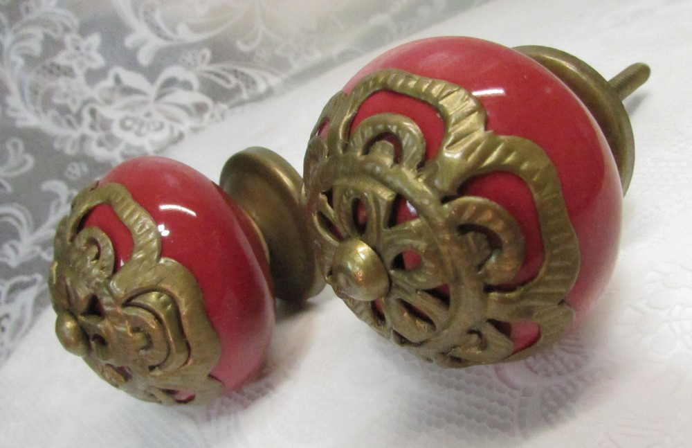 Set of 2 Large RED Round CERAMIC KNOBS with Brass Flower Decorative Drawer Pulls