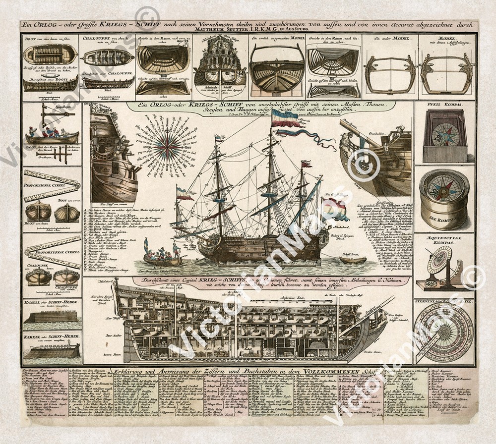 Sailing war ship section rigging chart construction plan Seutter 1740 art poster