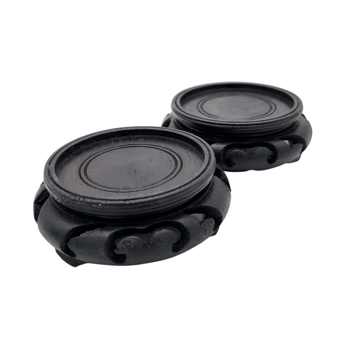 2 Vtg Chinese Carved Black Wood Bowl Pot Vase Display Stands Base Ornate WOCO