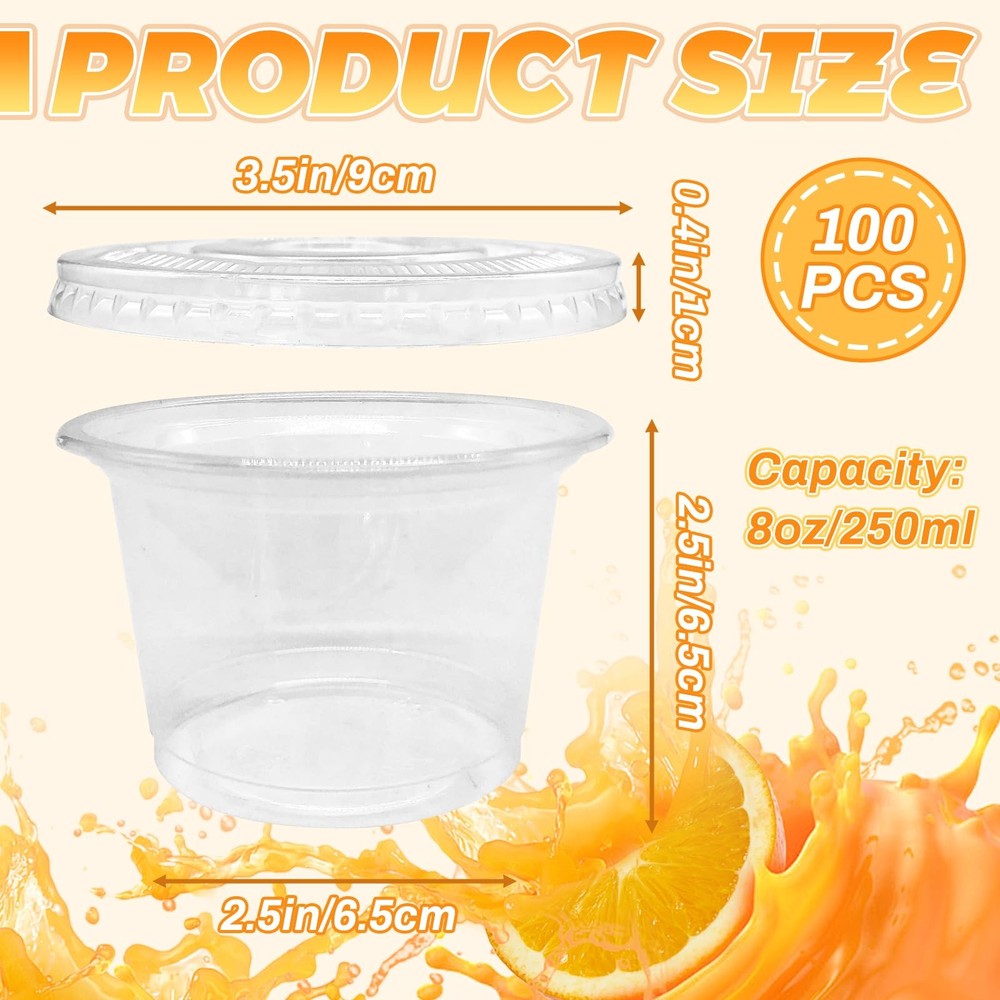 100 Pcs 8 OZ Disposable Plastic Cups with Flat Lids Clear Portion Ice Cream