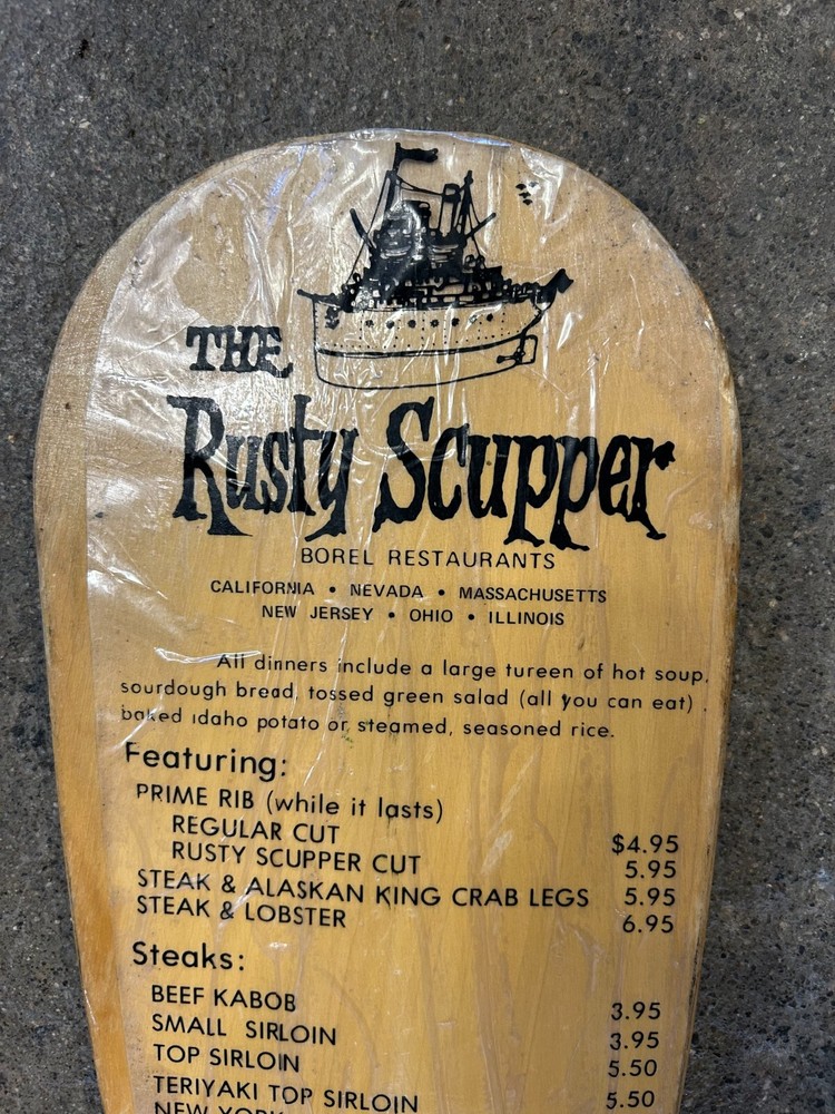 1970's Rusty Scupper Restaurant Wooden Oar Menu