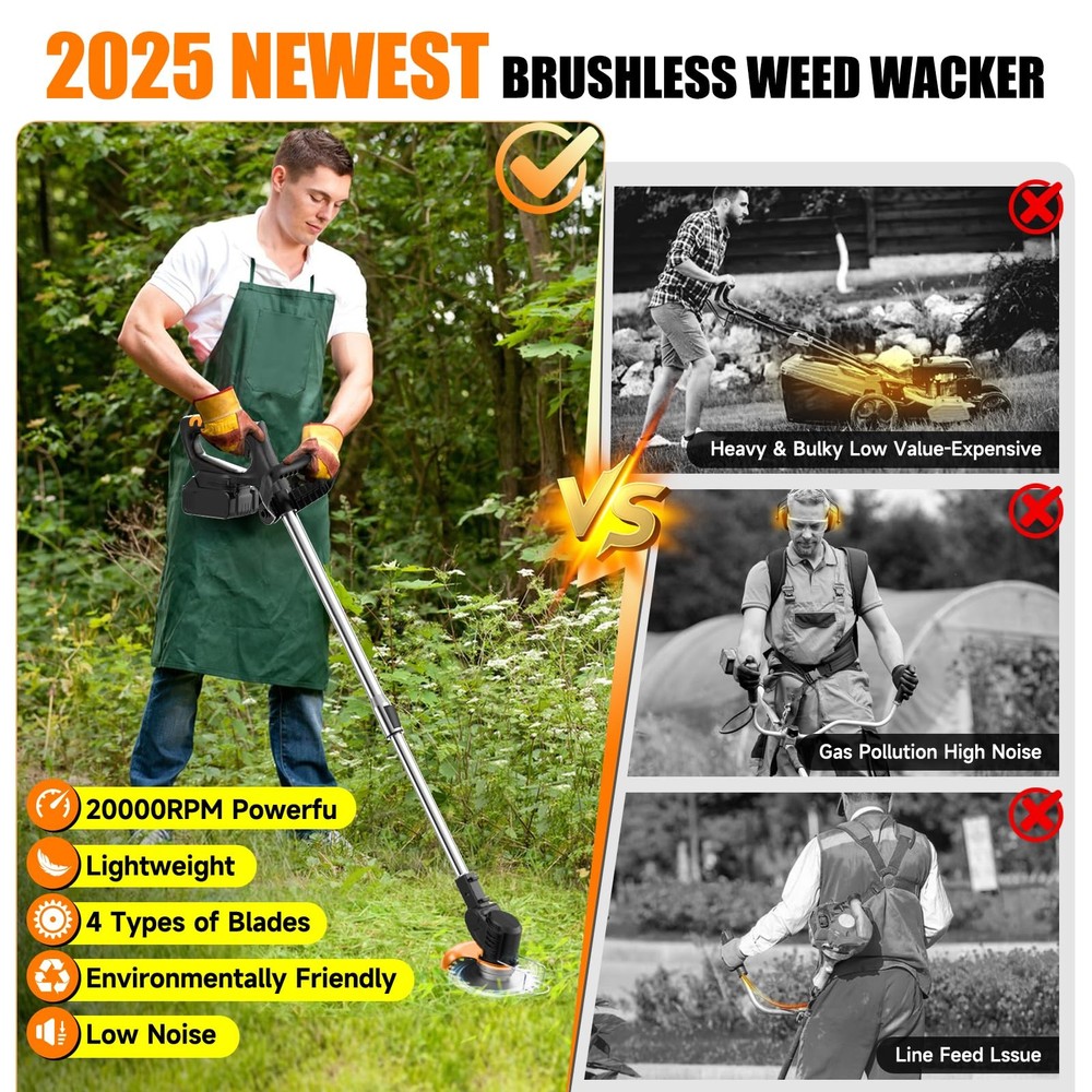 Electric Weed Wacker Cordless stringless,Grass Trimmer,with 2 Batteries, 1 Ch...