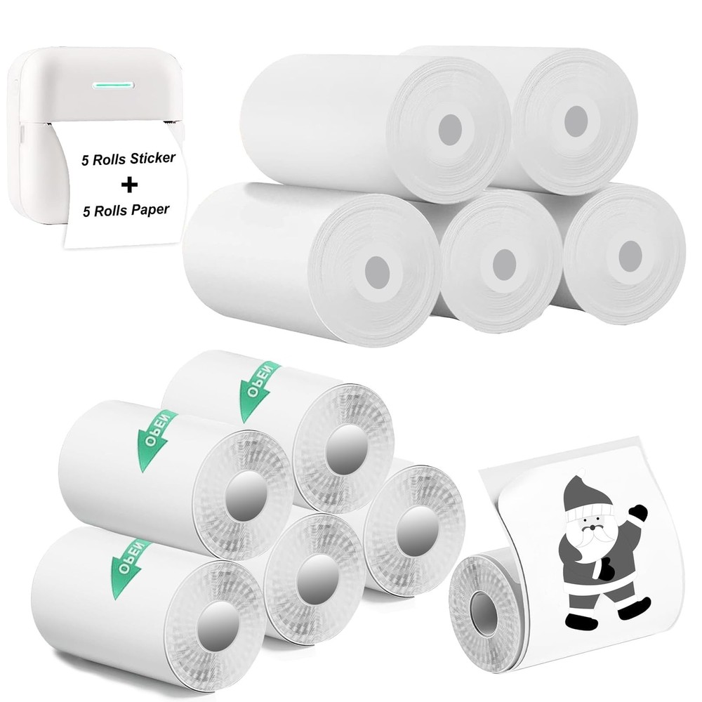 5 Rolls Thermal Printer Paper & 5 Rolls Self-adhesive Stickers, White Printer...