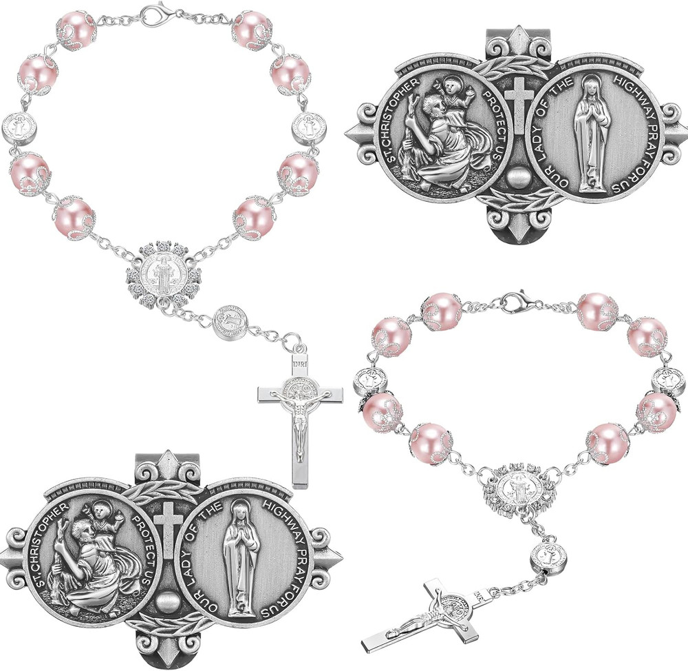 Frienda 4 Pcs Car Rosary Saint Benedict Rosary Rearview Mirror Hang Auto Rosary