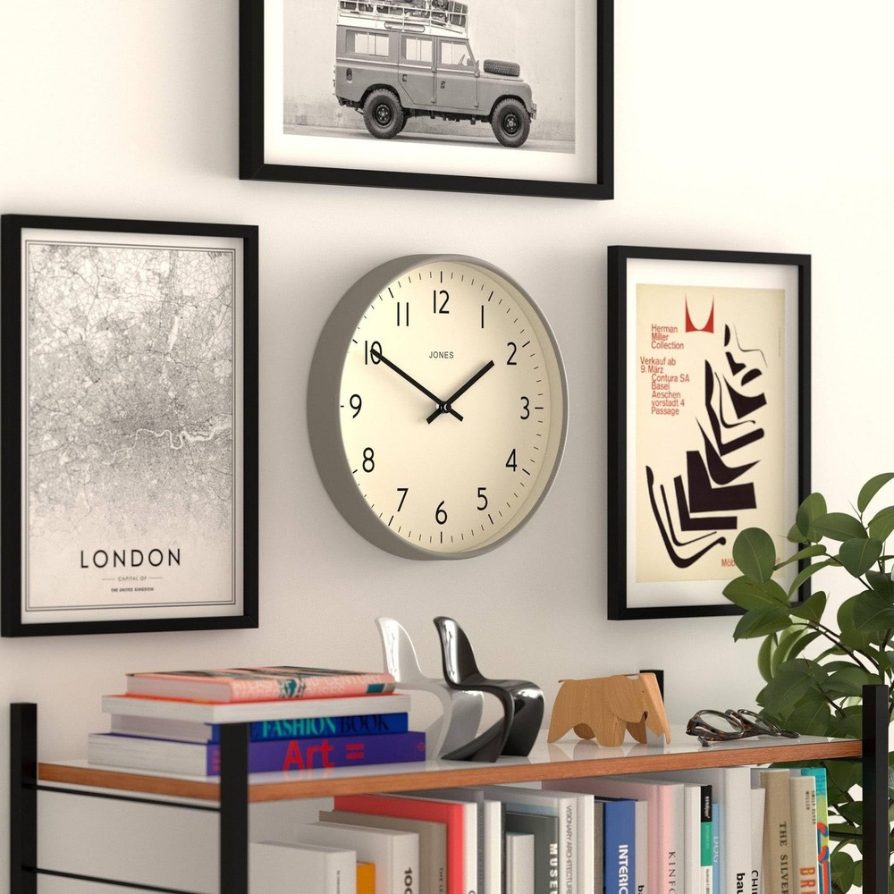 JONES CLOCKS® Studio Clock | Modern Round wall Clock | 12 inch | Gray | Eas