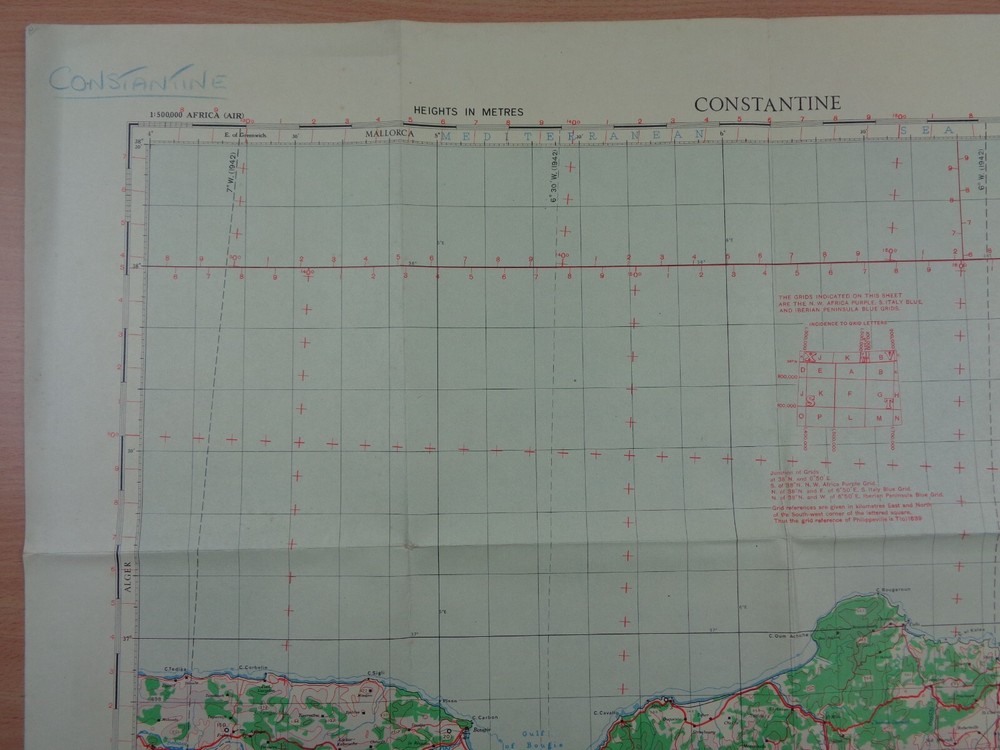 WW2 map of "CONSTANTINE" (ALGERIA) + BONE, SETIF etc (WING COMMANDER, DFC & BAR)