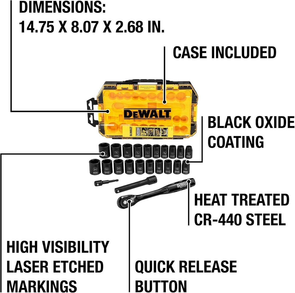 DEWALT Combination Deep Impact Socket Set Ratchet 23 Piece Tool 1/2" Drive Black