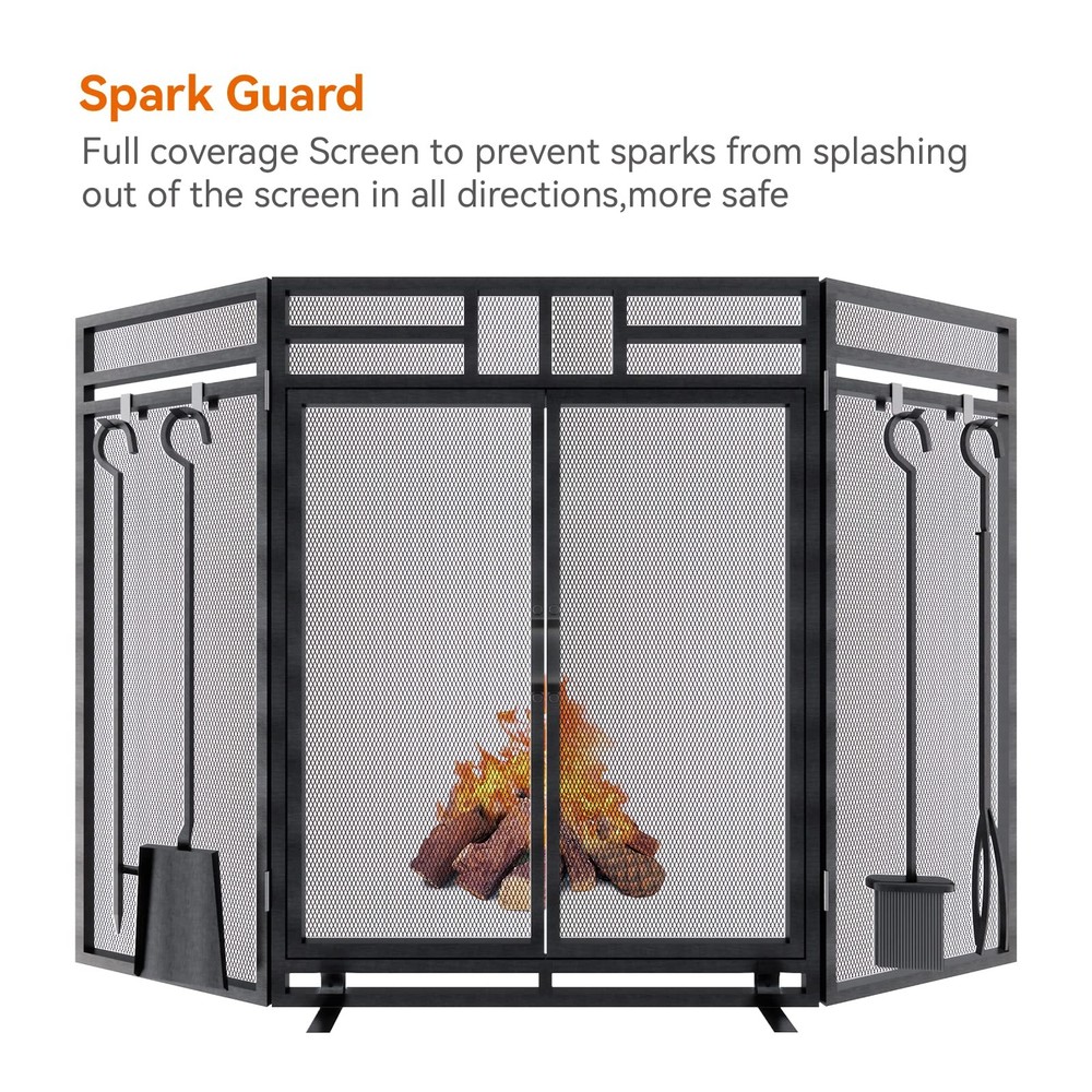 Fireplace Screen with Doors and Tools Set,3 Panel Foldable Metal Fireplace Gu...