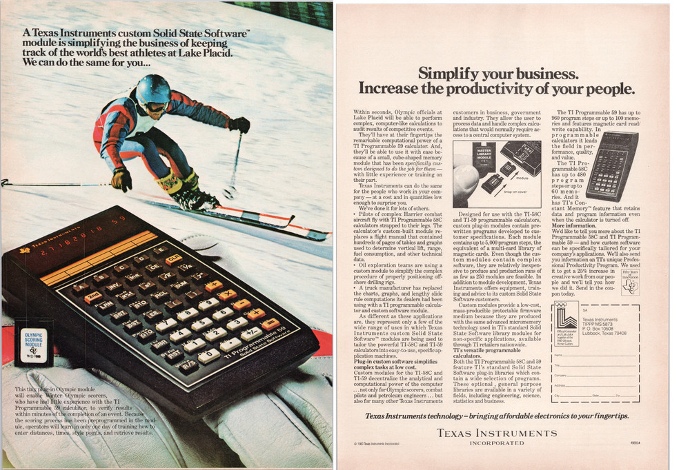 Texas Instruments Programmable Calculator Olympic Ski Module 2 Pg Print Ad 1980