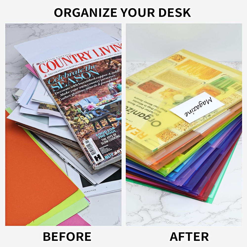 30 Pack 10 Color Plastic Envelopes Poly Envelopes, Hook & Loop Closure File F...