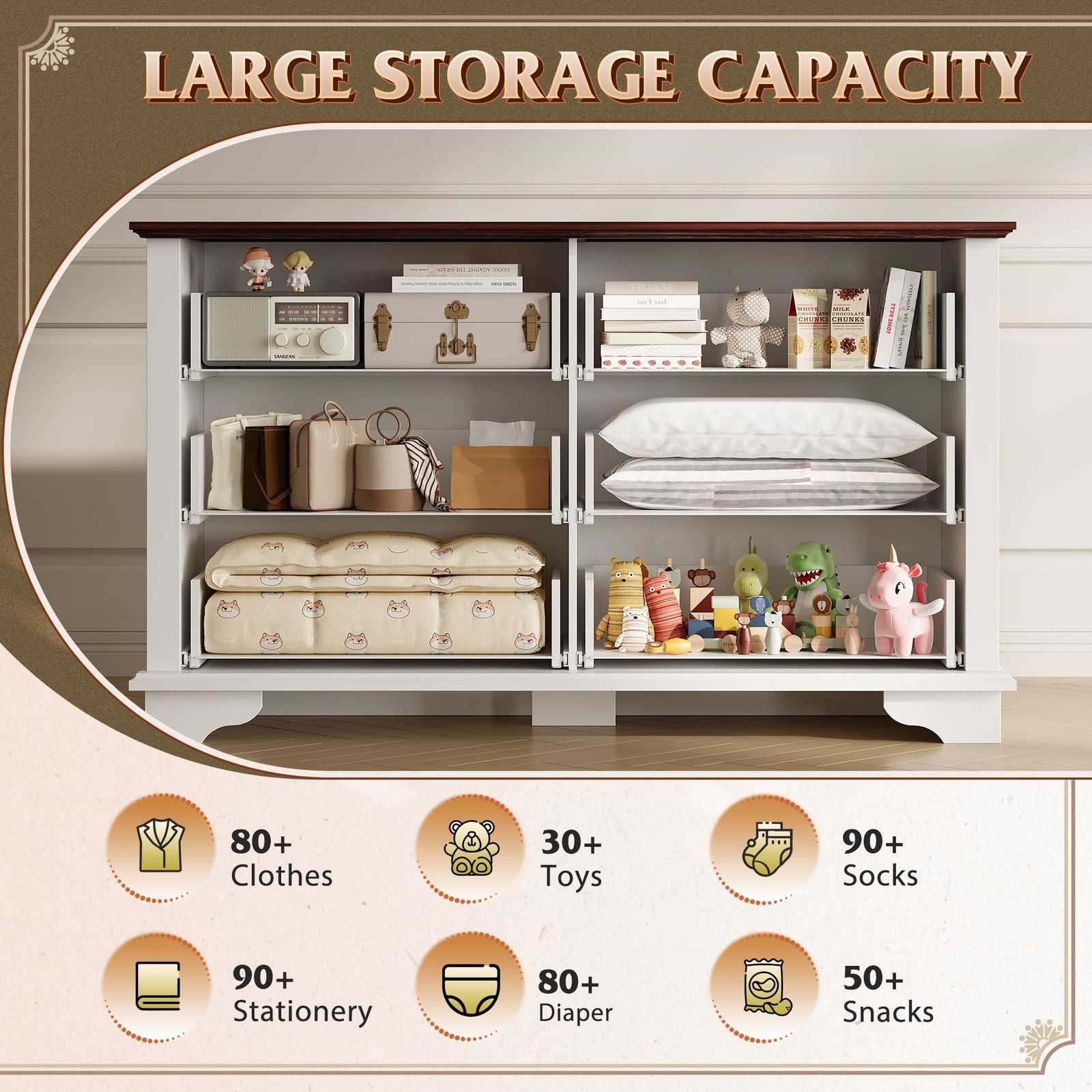 51.97'' Gavetero De Madera Blanca Con 6 Cajones Moderna Comoda Para Guardar Ropa