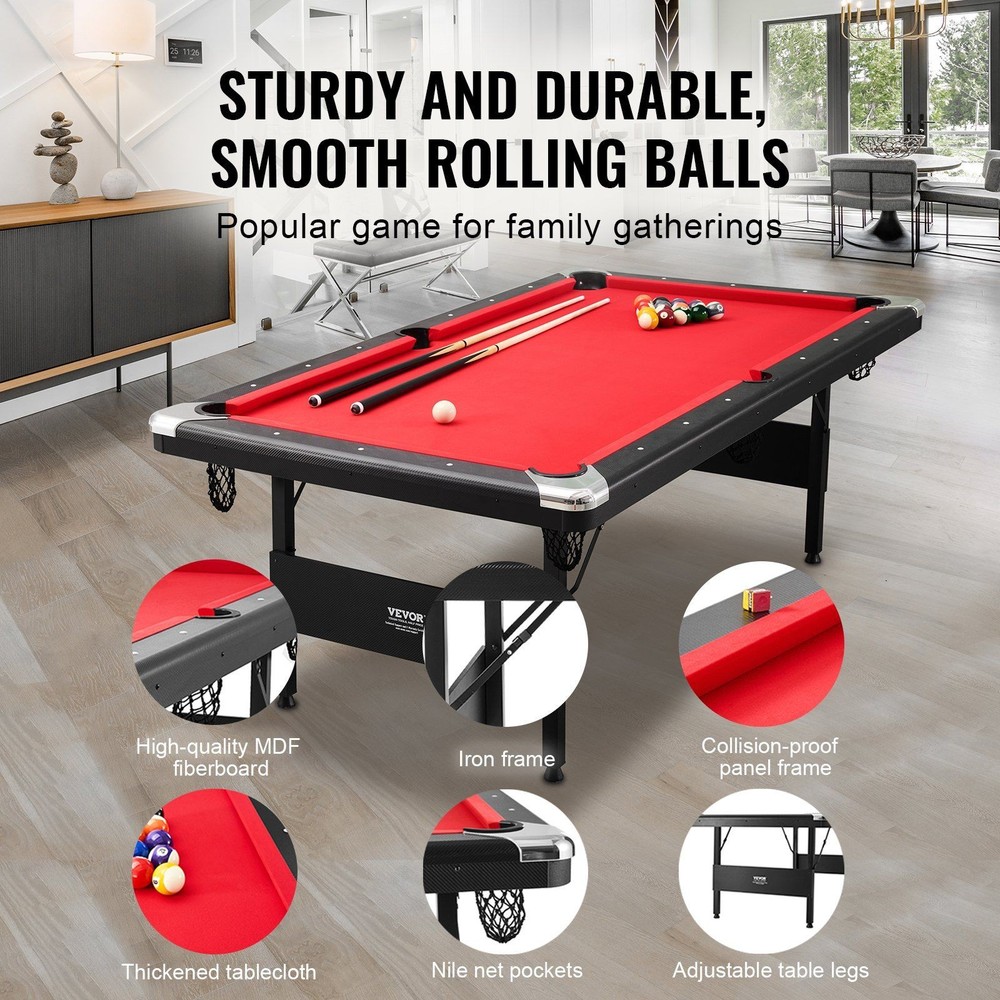 7ft Foldable Billiards Table Space-Saving MDF+Iron Frame Black Red Cloth