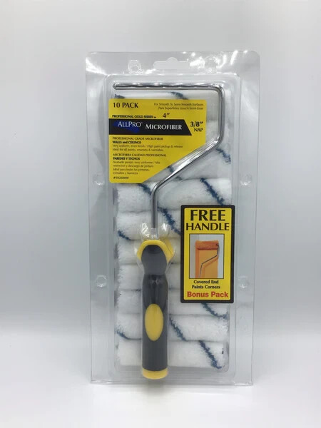 ALLPRO MICROFIBER MINI ROLLER 10 PACK WITH FRAME 4" 3/8" NAP NEW
