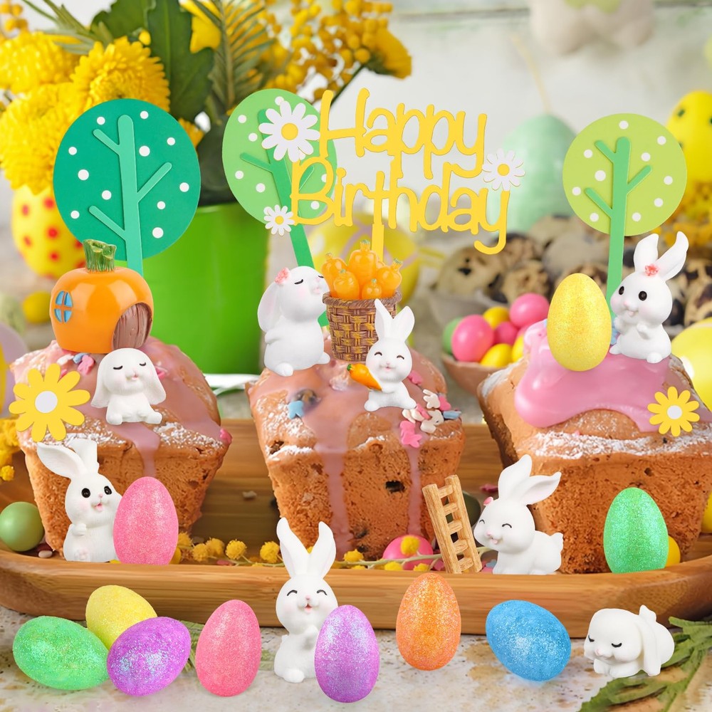 29Pcs Easter Cake Decorations Set with Mini Rabbits, Easter Eggs, Carrots, Ha...