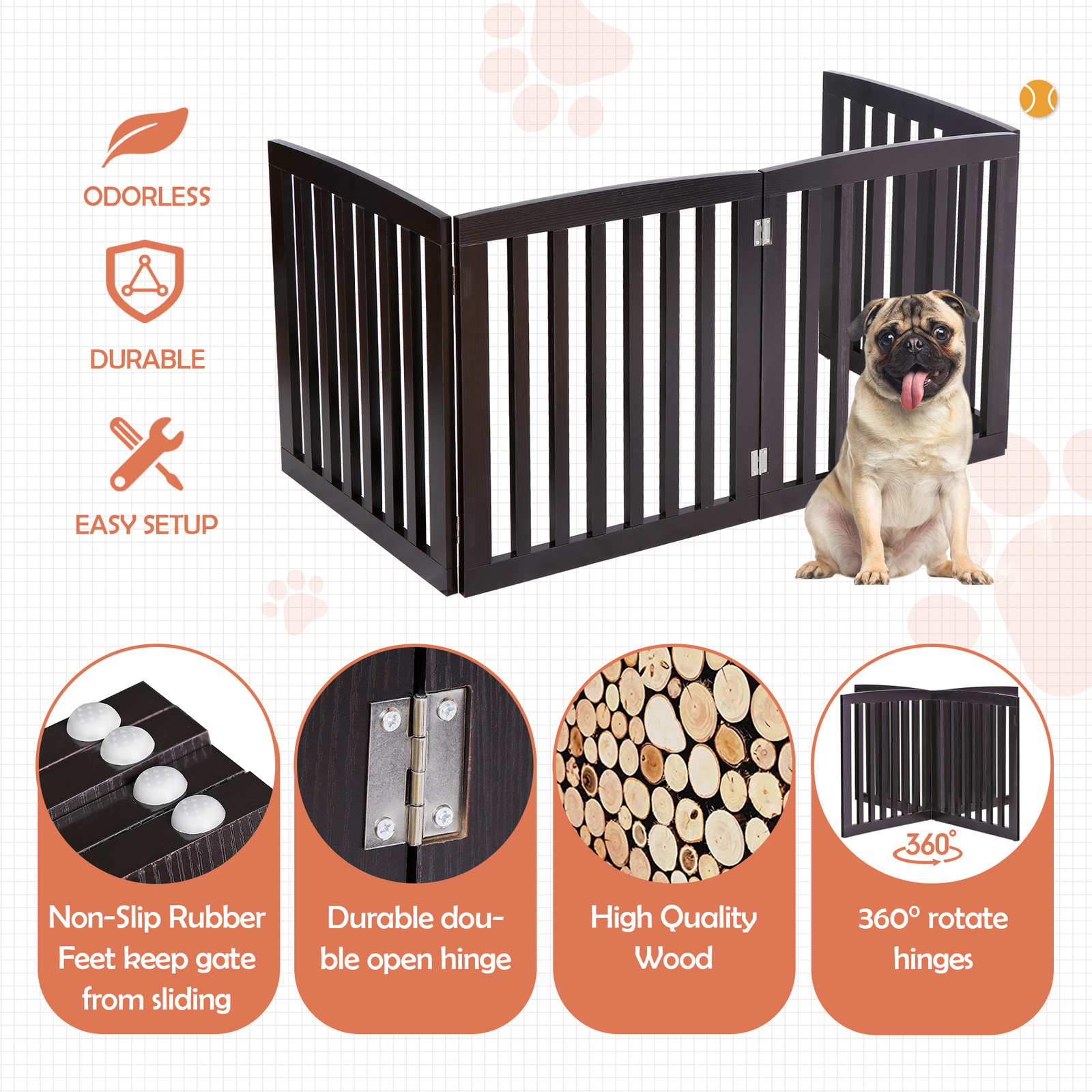 Freestanding Pet Dog Gate 4 Panels Indoor Foldable Dog Fence for Stairs Brown