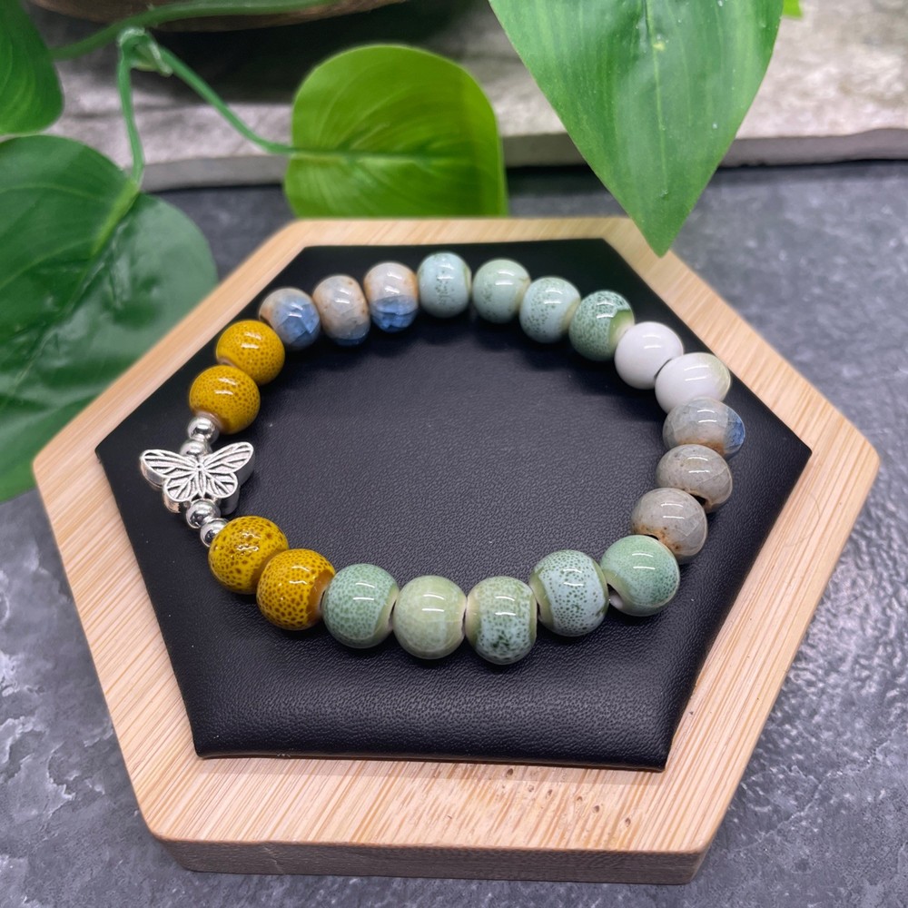 Handmade Ceramic Bead Beaded Stackable 6.25” Plus Stretch Bracelet New B524