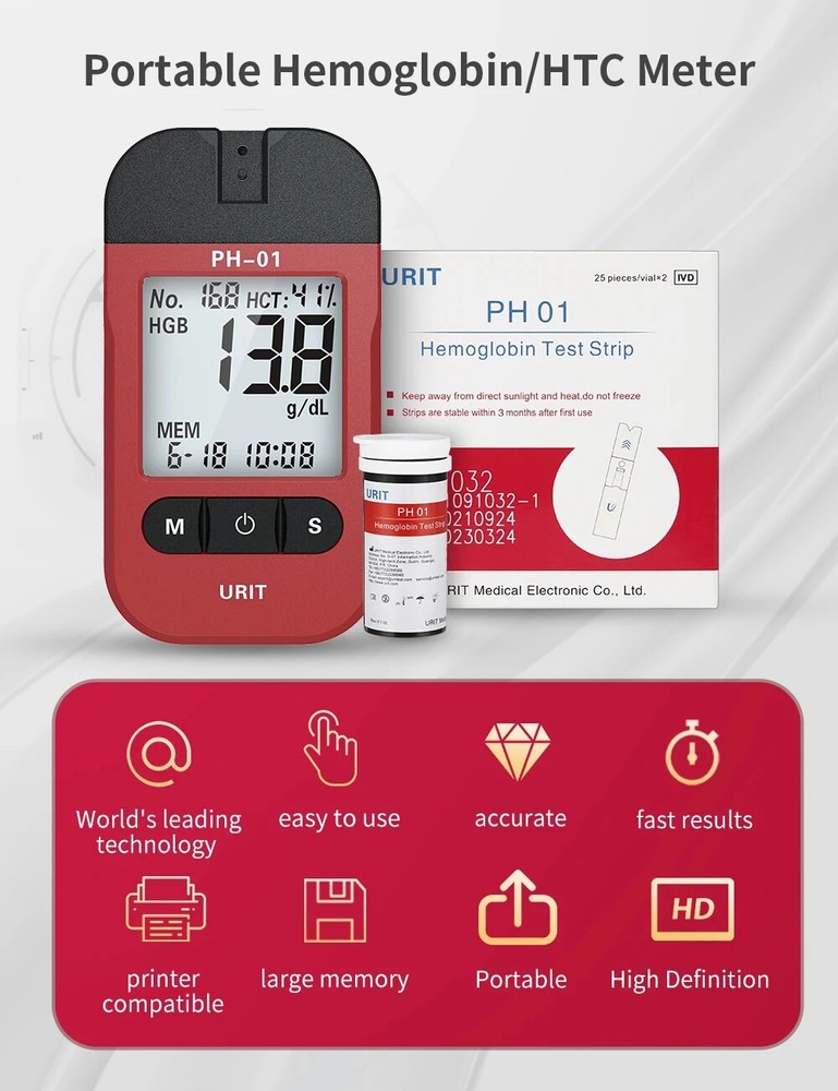 Home Hemoglobin Test Kit - 50 Strip Supply with Data Storage