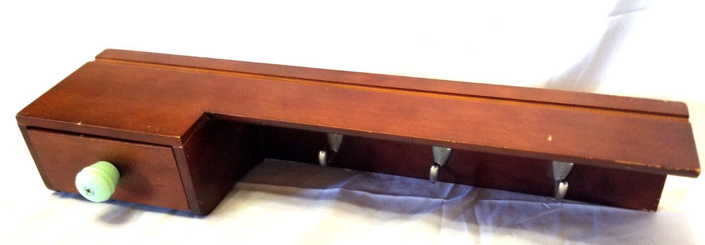 Solid Wood Wall Mount 20" Shelf 3 Key Coat Hooks Jadite Pull Drawer Plate Groove