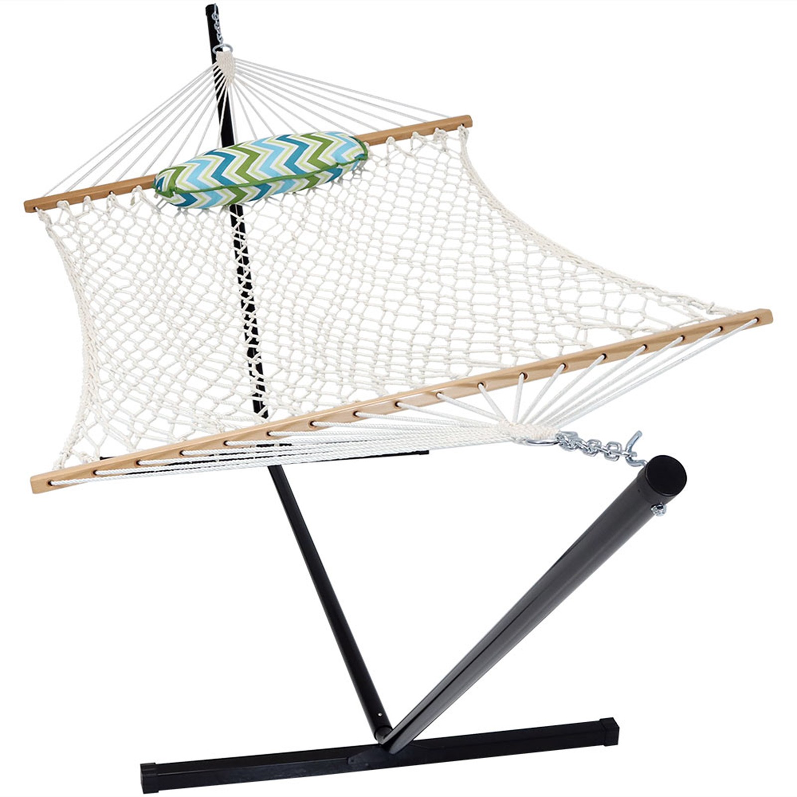 Large Rope Hammock with Steel Stand and Pad/Pillow - Blue/Green by Sunnydaze
