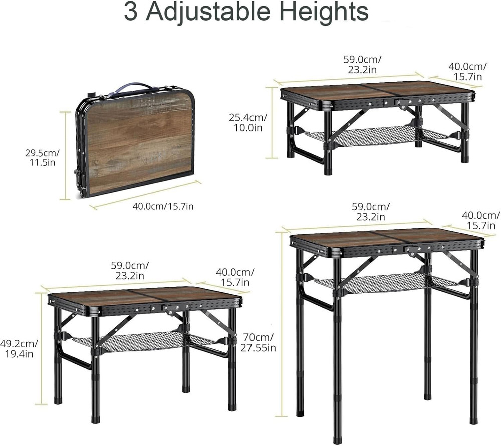 Folding Picnic Table 2Ft Portable Camping Table Adjustable Heights Metal Aluminu