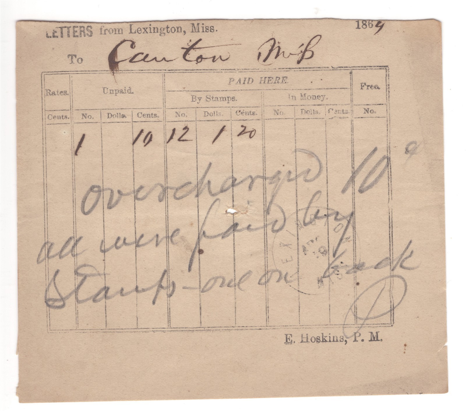 1864 Lexington MS to Canton MS CSA Postal Accounting Form Overcharge Noted ZAYIX