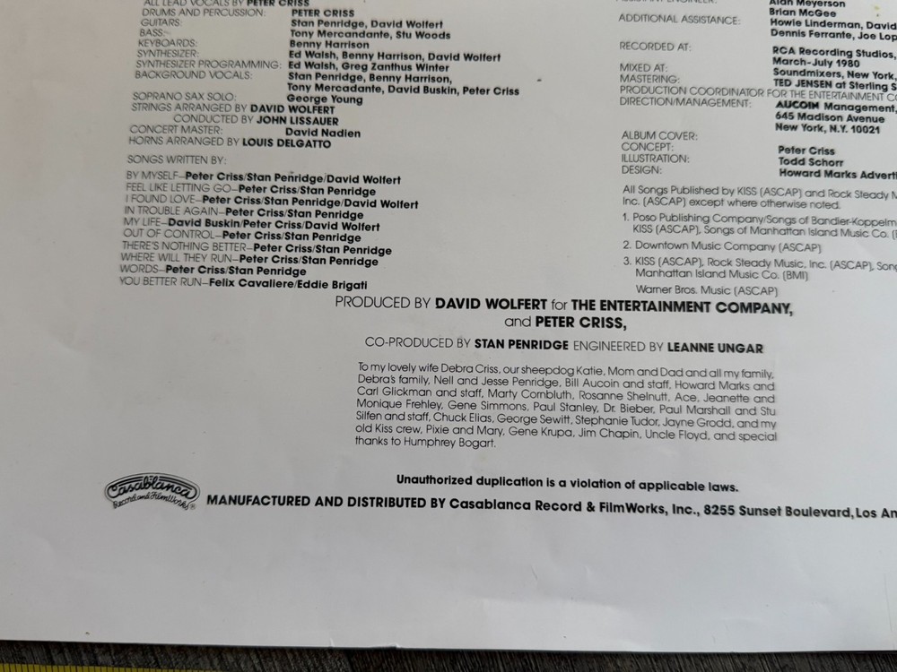 KISS Vinyl Album Back Cover Proof PETER CRISS Out Of Control Vintage Kiss Aucoin