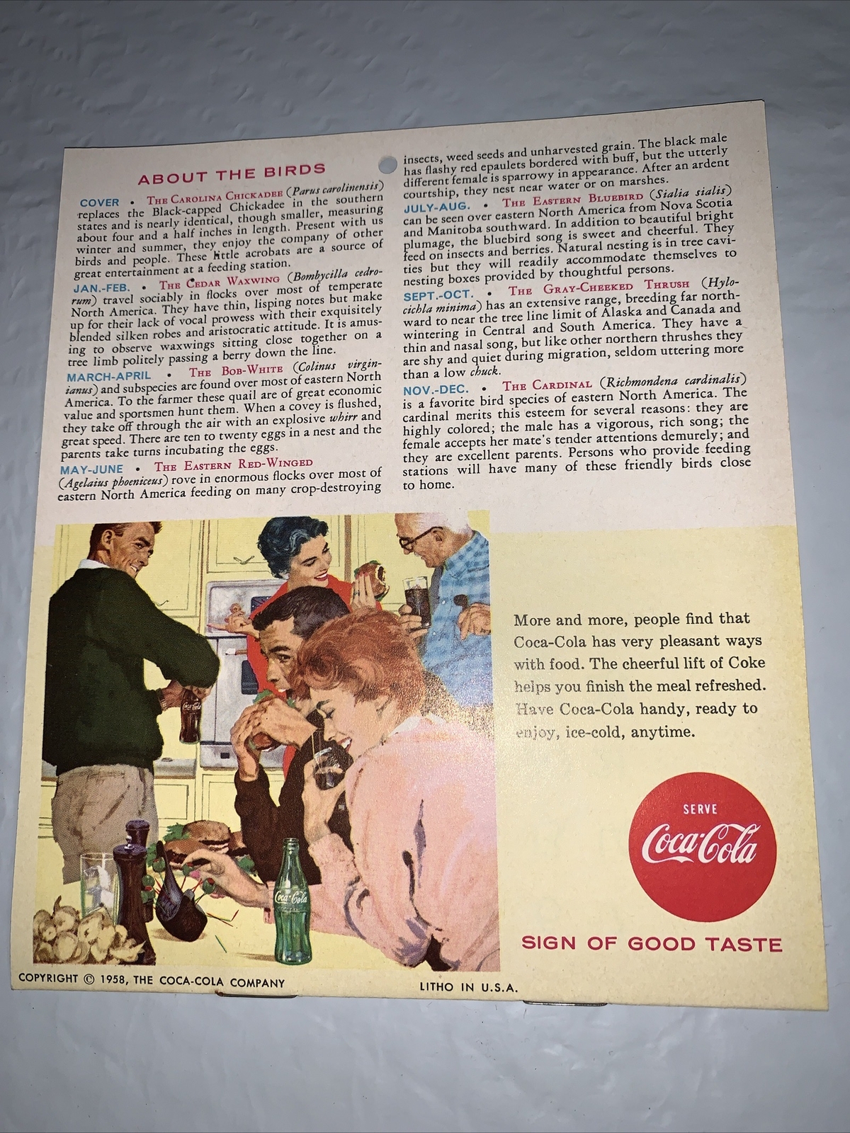 Original 1959 Coca Cola Calendar of American Birds 7 x 12” by ATHOS MENABONIL