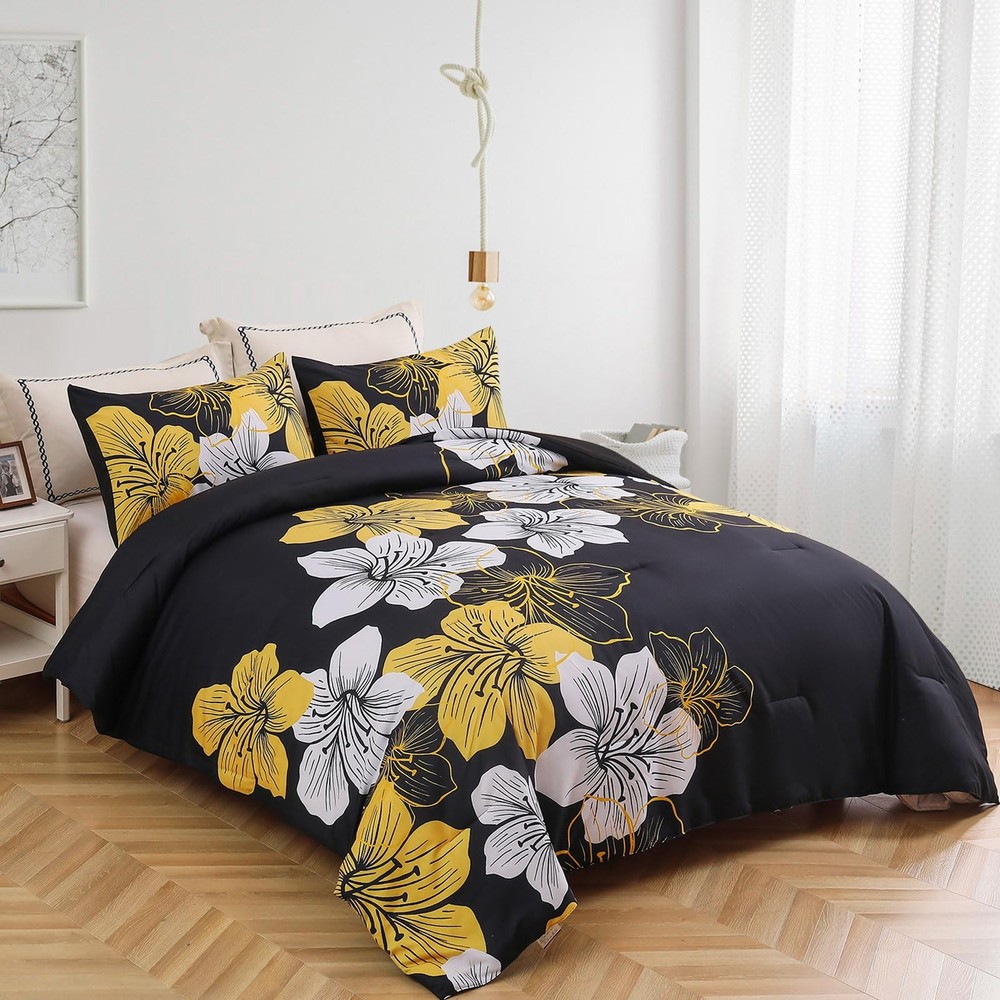 Queen Comforter Set Black/Gold Floral Bedding Comforter Sets Soft Microfiber ...