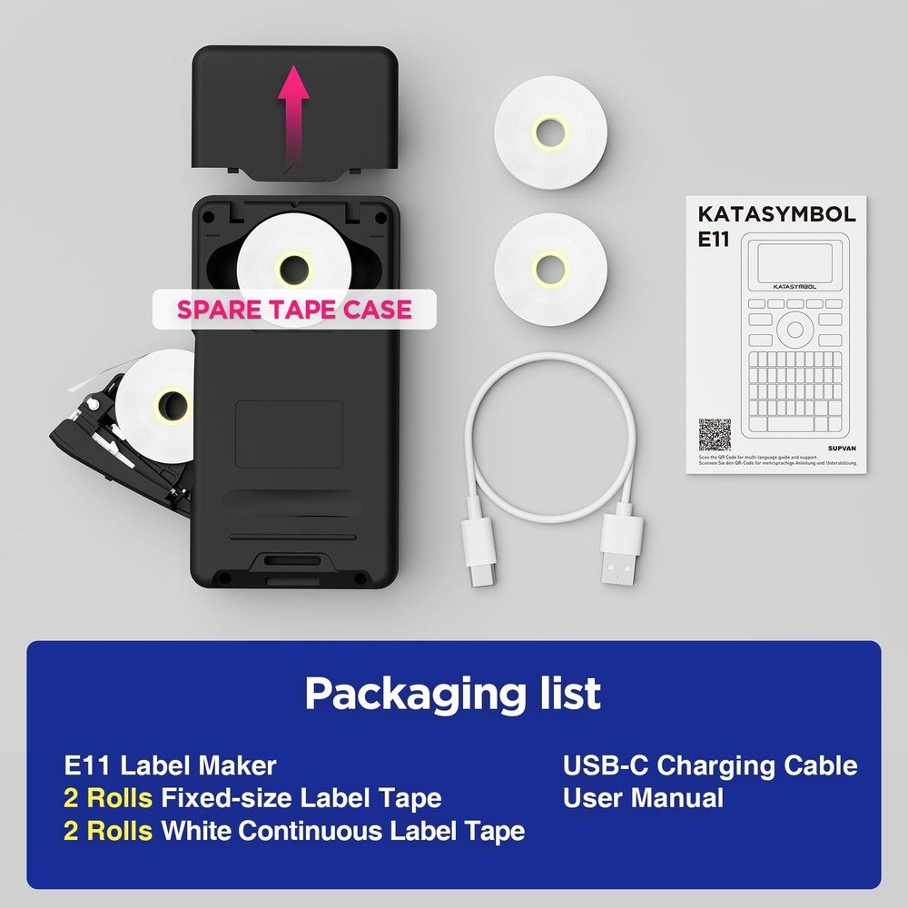 E11 Bluetooth Label Maker Machine 4 Tapes Rechargeable Inkless Printer Black