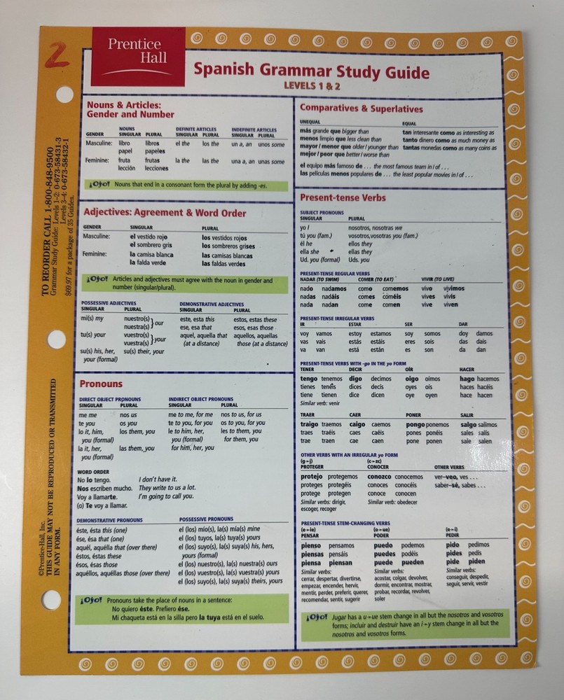 Spanish Grammar Study Guide: Level 1 and 2 — 2000 (GC, Softcover Study Sheet)