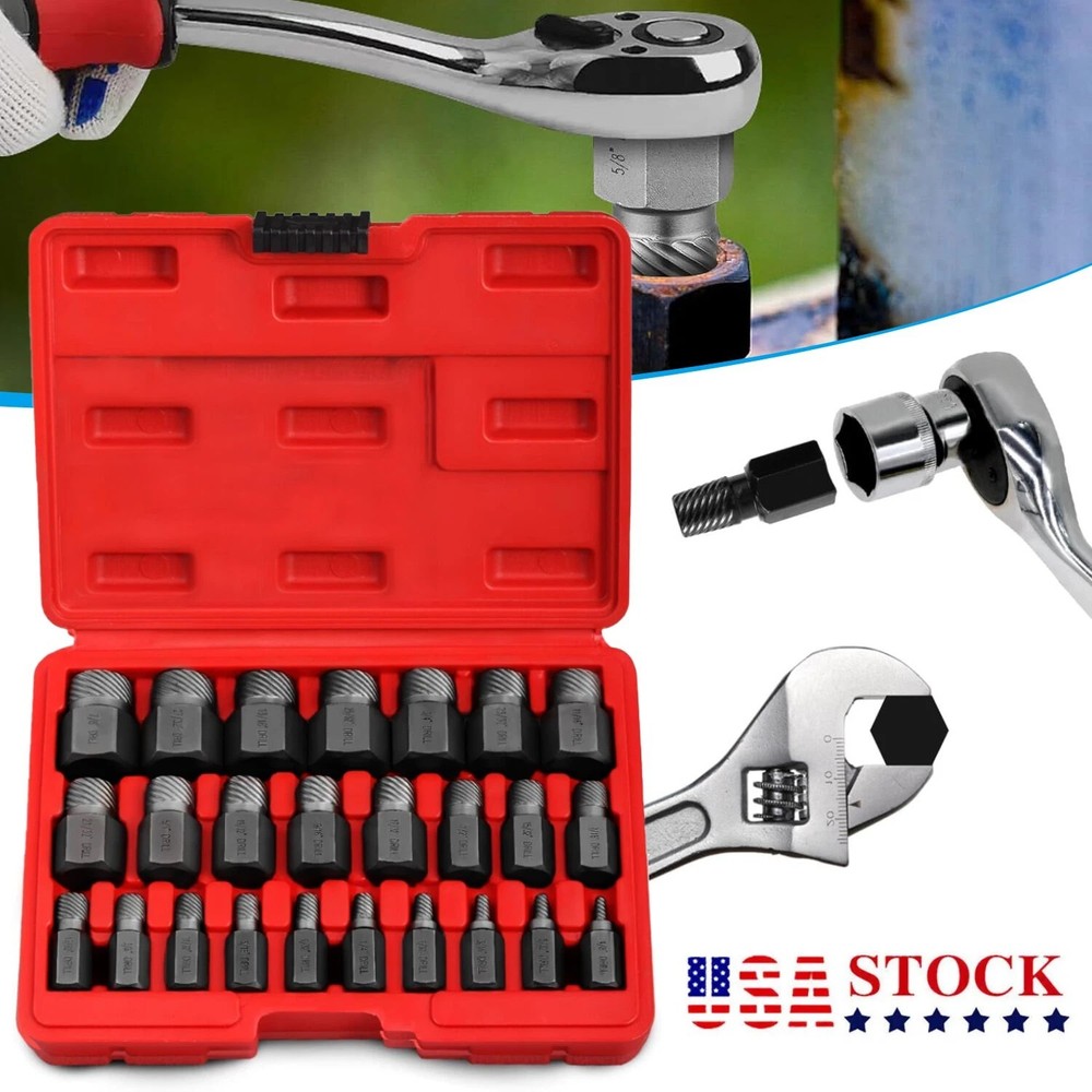 25 Pcs Multi-Spline Screw Extractor Set Hex Head Bit Socket Wrench Bolt Remover