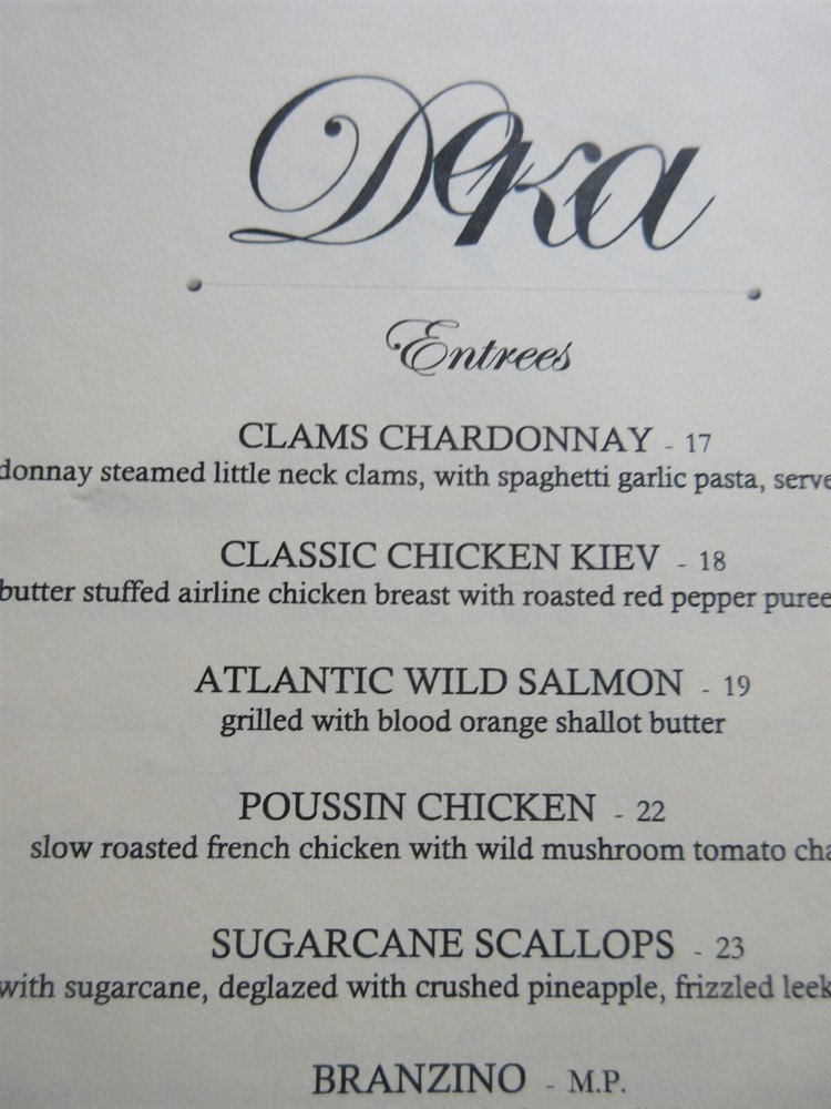 DEKA Menu signed by Chef 401 E Dundee Rd. Wheeling, IL