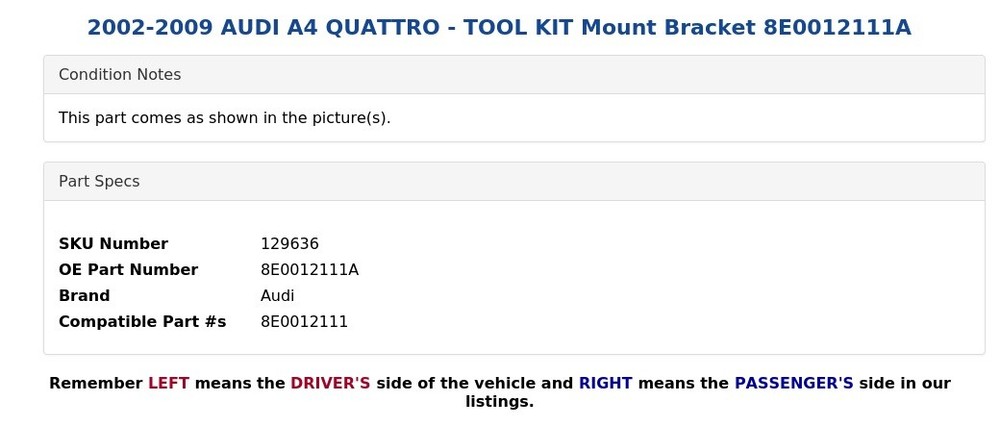 2002-2009 AUDI A4 QUATTRO - TOOL KIT Mount Bracket 8E0012111A