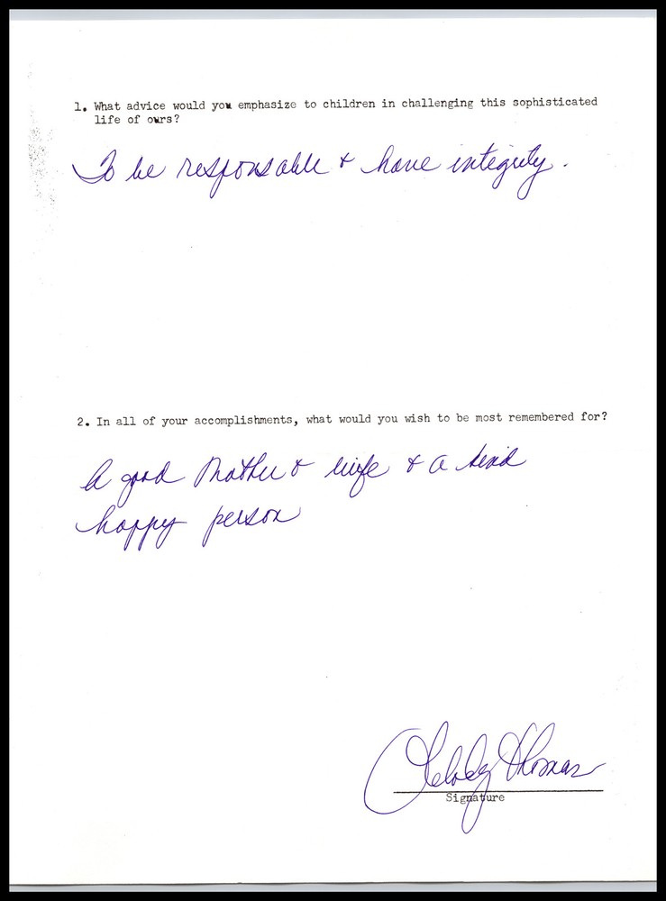 Melody Thomas - Actress - 9x11 Questionaire - Written Notes - Signed