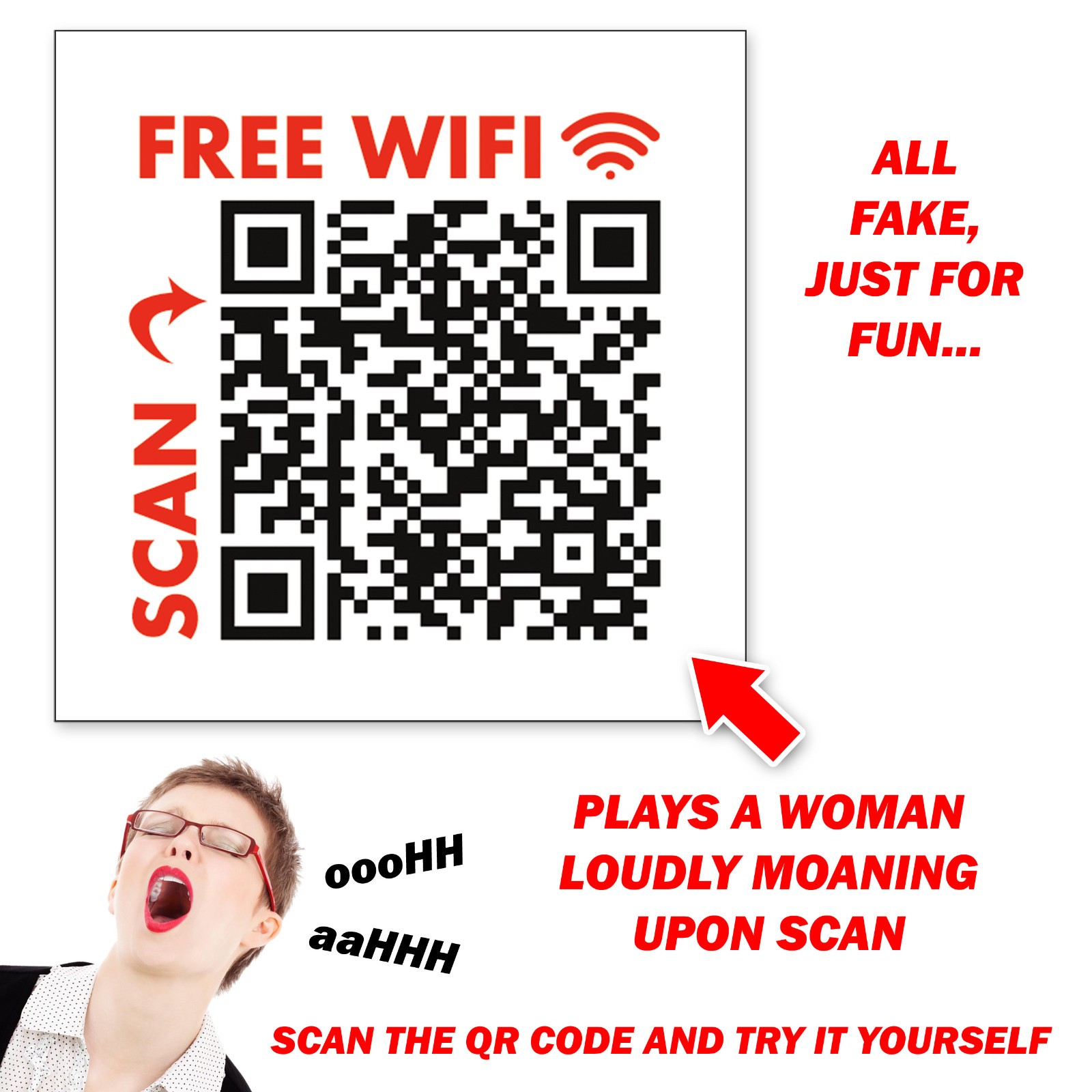 Woman Moaning QR Code Fake Wifi Prank Stickers - 25 QTY