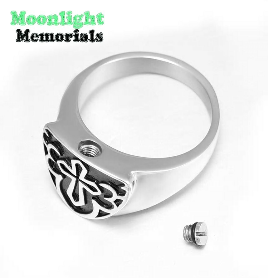 New Cross Embossed Cremation Ash Urn Memorial Keepsake Ring