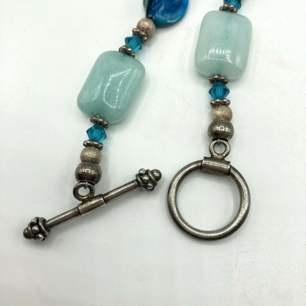Handmade Blue Glass Bead Shell Chip Strand Necklace Silver Toggle Closure 19"