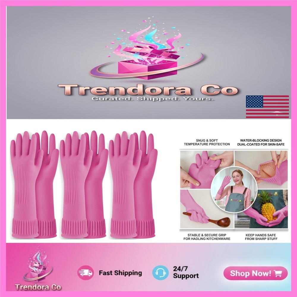 Reusable Pink Kitchen Gloves for Cleaning - Non-Slip & Waterproof - Medium
