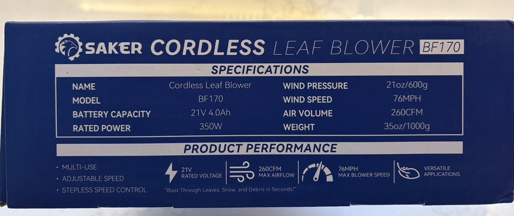 Saker 21 Volts Adjustable Speed Multi-Use Cordless Leaf Blower Model BF170