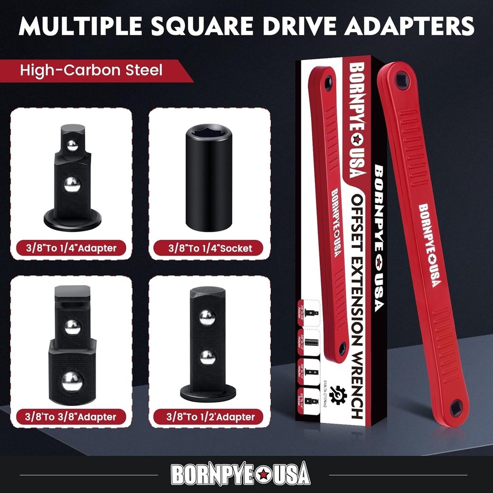Offset Extension Wrench Set, Impact Ready Socket Wrench Extender Tool with Versa
