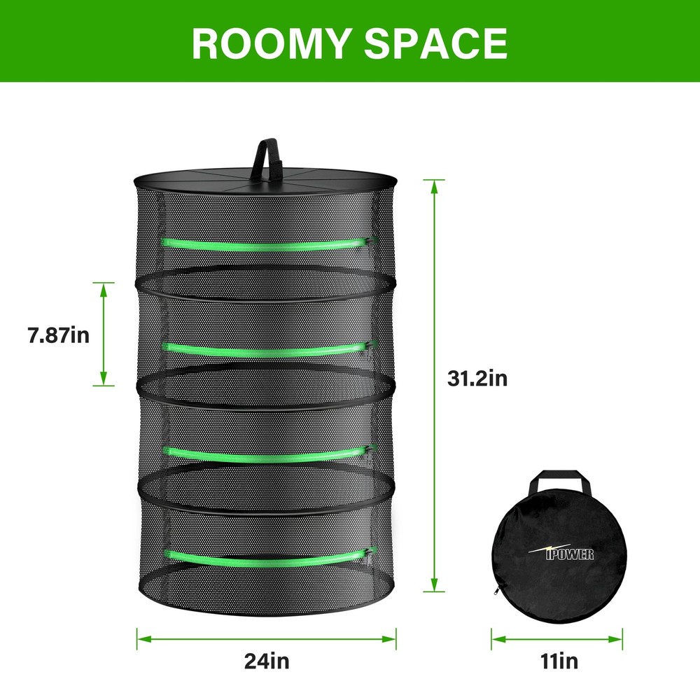 Herb Drying Rack Hanging 4 Layer 24'' with Zipper & Hook, Dry Mesh Folding Ba...